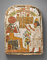 Stela showing Djedbastet adoring Re-Harakhty-Atum, Wood, paste, paint