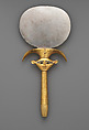 Mirror with a papyrus-shaped handle displaying a Bat-like face, Silver disk with a wood (modern) handle sheathed in gold; the inlays are modern