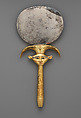 Mirror with a papyrus-shaped handle displaying a Bat-like face, Silver disk with a wood (modern) handle sheathed in gold; the inlays are modern