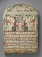 Stela of the temple servant of Amun Irtihareru adoring Re-Harakhty and Atum, Wood, gesso, paint