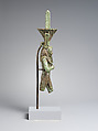Nefertum, cupreous metal, black bronze and precious metal inlay, glass