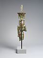 Nefertum, cupreous metal, black bronze and precious metal inlay, glass