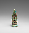 Amulet with twinned Bes-images, Green and blue faience, silver