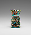 Amulet with twinned Bes-images, Green and blue faience, silver