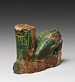Fragmenary statuette of kneeling King Shabaqo, Glazed steatite, paint