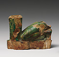 Fragmenary statuette of kneeling King Shabaqo, Glazed steatite, paint