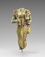 Statuette of Bastet holding a figure of Nefertum, Faience