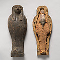 Falcon-headed coffin and grain mummy with Osiris mask, coffin: wood, paint; mummy: linen bandages; mask: wax