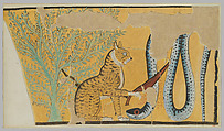 Wall painting of a cat killing a serpent, Charles K. Wilkinson, Tempera on paper