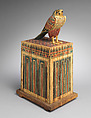Falcon Box with Wrapped Contents, Painted and gilded wood, linen, resin, feathers