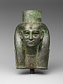 Head of a goddess, probably Mut, for attachment to a processional barque, Cupreous metal, gold leaf, formerly inlaid