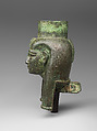 Head of a goddess, probably Mut, for attachment to a processional barque, Cupreous metal, gold leaf, formerly inlaid