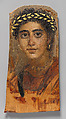 Portrait of a young woman in red, Encaustic on limewood with gold leaf