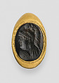 Ring with gem intaglio of helmeted head, Gold, garnet