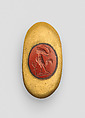 Ring with a gem with magical device of a composite figure with an unidentifiable object and a caduceus, Gold, jasper