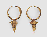 Hoop earrings with disk and with conical pendant of balls and granules, gold