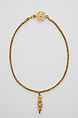 Loop-in-loop chain with intricate openwork medallion at the clasp and a gold Bes pendant, Gold