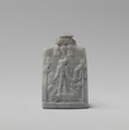 Miniature Cippus (magical stela) with Horus in profile wearing gazelle head on the forehead, Anhydrite