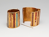 Hinged Cuff Bracelet, Gold, carnelian, turquoise, glass