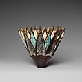 Water lily attachment, probably for a processional barque, Bronze, gold foil over gesso; white, dark blue, and light blue glass inlays over light and dark blue grounds