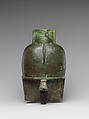 Head of a goddess, probably Mut, for attachment to a processional barque (?), Cupreous metal, gold leaf, formerly inlaid