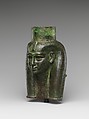 Head of a goddess, probably Mut, for attachment to a processional barque (?), Cupreous metal, gold leaf, formerly inlaid