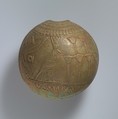 Relief-decorated Lentoid Bottle ("New Year's Bottle"); Horus falcon in marshes on one side; cow goddess in marshes on the other, Faience