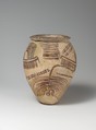 Decorated ware jar illustrating boats and trees, Pottery, paint