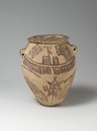 Decorated ware jar illustrating boats and trees, Pottery, paint