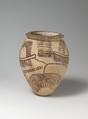 Decorated ware jar illustrating boats and trees, Pottery, paint