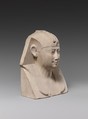 Bust of a royal figure with downward-hanging snake, Limestone