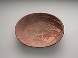 A shallow white cross-lined ware bowl illustrating a man on a boat alongside a hippo and crocodile, Pottery, paint