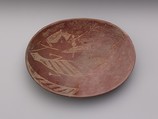 A shallow white cross-lined ware bowl illustrating a man on a boat alongside a hippo and crocodile, Pottery, paint