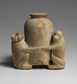 Ointment vessel in the shape of two baboons holding a jar, Anhydrite