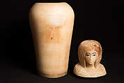 Canopic Jar (07.226.1) with a Lid Depicting a Queen (30.8.54), Travertine (Egyptian alabaster), blue glass, obsidian, unidentified stone