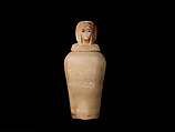 Canopic Jar (07.226.1) with a Lid Depicting a Queen (30.8.54), Travertine (Egyptian alabaster), blue glass, obsidian, unidentified stone