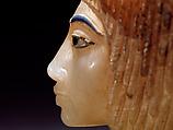 Canopic Jar (07.226.1) with a Lid Depicting a Queen (30.8.54), Travertine (Egyptian alabaster), blue glass, obsidian, unidentified stone