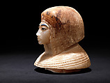 Canopic Jar (07.226.1) with a Lid Depicting a Queen (30.8.54), Travertine (Egyptian alabaster), blue glass, obsidian, unidentified stone