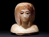 Canopic Jar (07.226.1) with a Lid Depicting a Queen (30.8.54), Travertine (Egyptian alabaster), blue glass, obsidian, unidentified stone