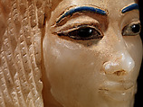 Canopic Jar (07.226.1) with a Lid Depicting a Queen (30.8.54), Travertine (Egyptian alabaster), blue glass, obsidian, unidentified stone