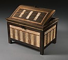 Inlaid box for cosmetic vessels of Sithathoryunet, Ebony, inlaid with ivory and red wood (restored), gold trim