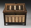 Inlaid box for cosmetic vessels of Sithathoryunet, Ebony, inlaid with ivory and red wood (restored), gold trim