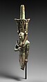 Nefertum, cupreous metal, black bronze and precious metal inlay, glass