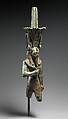 Nefertum, cupreous metal, black bronze and precious metal inlay, glass