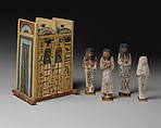 Shabti box and shabtis of members of the Sennedjem family, Painted wood, limestone, and ink