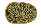 Canaanite Scarab with Two Men and a Lion, Steatite (glazed)