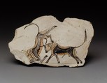 Ostracon with fighting bulls, Limestone, paint