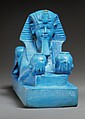 Sphinx of Amenhotep III, possibly from a Model of a Temple, Faience, remains of a travertine (Egyptian alabaster) tenon