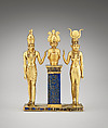 Triad of Osiris, Isis, and Horus, Metal - Gold<br/>
Stone - Lapis Lazuli