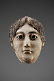 Mask of a woman with a large coil of plaited hair, Plaster, paint, glass